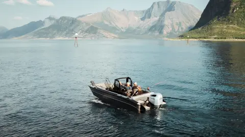 Twee heren vissen op een boot met een Honda BF200-motor.